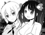  bangs bare_shoulders blush breasts buttons cleavage dithering greyscale hair_ornament happy head_tilt kainou_yoshiko large_breasts light_smile long_hair looking_at_another mizuhara_hayari monochrome multiple_girls nonohachi outdoors parted_bangs photo_background saki smile strap_gap upper_body 
