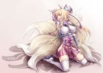  animal_ears blonde_hair izuna_(shinrabanshou) japanese_clothes multiple_tails red_eyes shinrabanshou shouma_(bravespiritya) tail thighhighs 