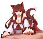  animal_ears arano_oki bare_shoulders breasts brown_hair cleavage fang imaizumi_kagerou large_breasts long_hair open_mouth red_eyes skirt solo tail touhou white_background wolf_ears wolf_tail 