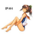  bad_id bad_pixiv_id barefoot brown_eyes brown_hair character_name full_body i-401_(kantai_collection) kantai_collection koyoka one-piece_swimsuit ponytail short_hair simple_background solo swimsuit swimsuit_under_clothes white_background 