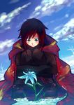  1girl akashasi black_hair boots cape flower frills hood hooded_cape medium_hair ruby_rose rwby short_hair silver_eyes sitting smile snow solo 