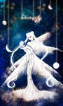  bangs bishoujo_senshi_sailor_moon black_eyes crescent_moon dress earth full_body highres libet long_dress long_hair moon parted_bangs queen_serenity solo strapless strapless_dress twintails white_dress white_hair wings 