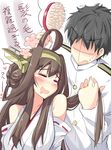  1girl admiral_(kantai_collection) ahoge bare_shoulders black_hair blush brown_hair closed_eyes detached_sleeves double_bun drooling faceless faceless_male flower hair_brush hair_brushing hairband headgear highres kantai_collection kongou_(kantai_collection) long_hair natsu_(anta_tte_hitoha) short_hair smile sweatdrop translation_request upper_body 