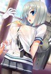  1girl admiral_(kantai_collection) bar_censor belt black_legwear blue_eyes blush breasts censored cum cum_on_clothes dragonmaterial gloves hair_ornament hair_over_one_eye hairclip hamakaze_(kantai_collection) handjob hetero highres kantai_collection large_breasts nipples open_mouth pantyhose penis school_uniform see-through serafuku short_hair short_sleeves silver_hair skirt wet wet_clothes white_gloves 