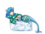  blue_eyes blue_hair breasts byakko310 dress food green_dress hands_clasped head_fins japanese_clothes kimono large_breasts looking_at_viewer lying mermaid monster_girl nigirizushi obi on_back own_hands_together sash smile solo sushi touhou wakasagihime 