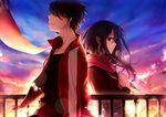  black_eyes black_hair kagerou_project kisaragi_shintaro mai_(40804530) scarf sunset tateyama_ayano 