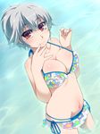  alternate_hairstyle bare_shoulders bikini bikini_skirt bow breasts collarbone floral_print frilled_bikini frills from_above hair_bow halterneck hand_to_own_mouth hayashi_custom highres izayoi_sakuya lace lace-trimmed_bikini large_breasts light_smile looking_at_viewer navel ocean ponytail red_eyes short_hair side-tie_bikini silver_hair smile solo swimsuit touhou wading water white_bikini 