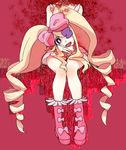  big_hair blonde_hair blood blue_eyes boots bow disembodied_head dress drill_hair earrings eyepatch hair_bow harime_nui jewelry kill_la_kill long_hair looking_at_viewer pink_bow pink_footwear severed_head smile solo strapless strapless_dress twin_drills twintails ygsquash 