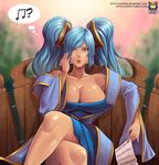  beamed_eighth_notes beamed_sixteenth_notes blue_dress blue_eyes breasts cleavage dress flat_sign half_rest huge_breasts kyoffie12 league_of_legends lips musical_note quarter_note sheet_music sixteenth_note solo sona_buvelle thought_bubble time_signature treble_clef twintails 