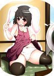  animal_ears black_hair black_legwear bow bow_panties bunny_ears dress dress_lift food highres inaba_tewi inaho_(inaho777) lace lace-trimmed_panties panties pink_dress popsicle red_eyes sitting sleeveless solo thighhighs touhou underwear wariza white_panties 