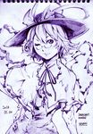  artist_name bespectacled bow capelet dated frills glasses hand_on_hip hat looking_at_viewer monochrome nagae_iku one_eye_closed purple_hair ribbon savan shawl short_hair sketch solo thank_you touhou 