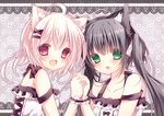  2girls animal_ears black_hair blush catgirl fang green_eyes original pink_eyes pink_hair tsuki_nxo twintails 