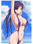  arm_up armpits arms_behind_head arms_up bangs beach blush breasts cleavage cloud day dripping green_eyes highres large_breasts light_smile long_hair looking_at_viewer love_live! love_live!_school_idol_project navel ocean outdoors purple_hair purple_swimsuit rasukaru sky slingshot_swimsuit solo strap_gap swept_bangs swimsuit toujou_nozomi twintails water wet 