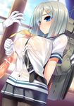  1girl admiral_(kantai_collection) bar_censor belt black_legwear blue_eyes blush breasts censored cum cum_on_clothes dragonmaterial gloves hair_ornament hair_over_one_eye hairclip hamakaze_(kantai_collection) hetero highres kantai_collection large_breasts nipples pantyhose penis school_uniform see-through serafuku short_hair short_sleeves silver_hair skirt smile wet wet_clothes white_gloves 