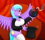  anthro big_breasts blue_hair bomb breasts chest_tuft cleavage clothed clothing curtains cutie_mark equine female friendship_is_magic fur hair hat hi_res horse long_hair magic mammal my_little_pony one_eye_closed original_character pegasus pony ponyboom purple_fur smile solo spotlight teeth top_hat tuft wings wink yellow_eyes 