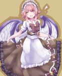  :d alternate_costume alternate_eye_color animal_ears apron brown_dress dress enmaided fang frilled_dress frills highres maid mystia_lorelei non-nyo open_mouth pink_hair shadow short_hair smile solo touhou wings wrist_cuffs yellow_eyes 