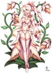  blue_eyes boots breasts cleavage detached_sleeves flower full_body highres large_breasts leaf long_hair long_legs monster monster_girl open_mouth original plant plant_girl ponytail rose sharp_teeth shiny showgirl_skirt simple_background solo standing star star-shaped_pupils symbol-shaped_pupils teeth thigh_boots thighhighs vines white_background zerg309 