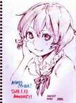  artist_name brooch chin_rest dated fang jewelry monochrome no_hat no_headwear remilia_scarlet savan short_hair sketch smile solo thank_you touhou 