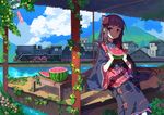  black_hair building clouds flowers japanese_clothes leaves long_hair original red_eyes train water watermelon zhuxiao517 