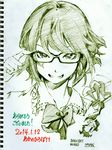  adjusting_eyewear artist_name bespectacled bow dated glasses grin monochrome no_hat no_headwear remilia_scarlet savan short_hair sketch smile solo thank_you touhou 