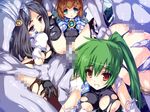  3girls arm_grab black_hair breasts brown_eyes brown_hair censored green_eyes green_hair long_hair magical_girl monster multiple_girls nipples ponytail purple_eyes rape sex shimesaba_kohada short_hair spread_legs tears torn_clothes walpurgis 