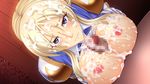  1girl armor blonde_hair blue_eyes breasts censored chijoku_no_onna_kishi clenched_teeth cum cum_on_body cum_on_breasts cum_on_hair cum_on_upper_body facial game_cg large_breasts lune mildred_von_lislstadt paizuri penis pov solo_focus teeth 