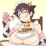  :q ^_^ animal_ears apron bell bell_choker blush breast_rest breasts brown_hair cake chair choker cleavage closed_eyes collarbone cow_bell cow_horns elbow_gloves fake_animal_ears food food_on_face fork fruit gloves happy_birthday horns huge_breasts idolmaster idolmaster_cinderella_girls maid_headdress nash_(na-si) object_on_breast oikawa_shizuku pink_gloves ribbon_choker short_hair smile solo strawberry table tongue tongue_out 