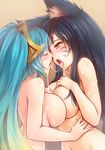  ahri animal_ears aqua_hair black_hair blush breast_press breasts bukkake closed_eyes collarbone commentary cum cum_in_mouth cum_on_body cum_on_breasts cum_on_hair cum_on_tongue cum_on_upper_body cum_pool cum_string cum_swap facial facial_mark fox_ears gradient_hair hand_on_own_chest highres implied_bisexual large_breasts league_of_legends long_hair looking_at_another multicolored_hair multiple_girls navel nose_blush nude open_eyes open_mouth out-of-frame_censoring ricegnat saliva saliva_trail sona_buvelle sweat symmetrical_docking tongue tongue_out twintails whisker_markings yellow_eyes yuri 
