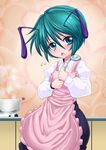  antennae apron blush compound_eyes counter flying_sweatdrops green_eyes green_hair head_tilt heart heart_background juliet_sleeves ladle long_sleeves looking_at_viewer madara_inosuke open_mouth pink_background pot puffy_sleeves short_hair shorts solo touhou wriggle_nightbug 