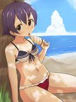  adapted_costume against_tree beach bikini breasts cloud cloudy_sky dappled_sunlight day food horizon ice_cream junes kantai_collection licking looking_at_viewer medium_breasts navel ocean outdoors palm_tree sakawa_(kantai_collection) sand short_hair sitting sky solo sunlight swimsuit tongue tree under_tree water 
