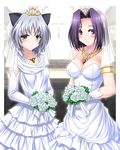  animal_ears bare_shoulders blush bouquet breasts bridal_veil crossover dress flower gloves green_eyes jewelry kantai_collection looking_at_viewer medium_breasts multiple_girls necklace purple_eyes purple_hair sanya_v_litvyak short_hair silver_hair small_breasts smile strike_witches tatsuta_(kantai_collection) tiara veil wedding_dress world_witches_series zutsuumochi 
