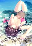  beach bikini breasts brown_hair covering covering_one_breast green_eyes kai_(link2262) large_breasts long_hair lying navel on_back original outdoors partially_submerged red_bikini shadow side-tie_bikini solo swimsuit untied untied_bikini water 