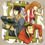  1girl 3boys arsene_lupin_iii black_hair breasts brown_hair cleavage crown hat ishikawa_goemon_xiii jewelry jigen_daisuke kuronofu long_hair lupin_iii mine_fujiko money multiple_boys picture_frame 