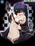  :p black_hair black_rock_shooter black_rock_shooter_(character) blindfold blue_hair blush breasts chain gokinyan highres katana long_hair medium_breasts navel pitui1996 saliva scar solo stitches sword tongue tongue_out topless twintails unzipped weapon 
