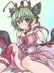  alternate_costume antennae aqua_background bad_id bad_pixiv_id bodice bow breasts bug butterfly_hair_ornament choker collarbone dress firefly frown gradient gradient_background green_eyes green_hair hair_ornament hand_in_hair highres insect knee_up leg_ribbon looking_at_viewer medium_breasts princess_wriggle ribbon shadow short_hair sitting solo strapless strapless_dress takanoru tiara touhou wriggle_nightbug wrist_cuffs wrist_ribbon 