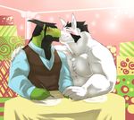  anthro biceps black_hair black_nose blush canine chest_tuft chubby clothed clothing couple cute date dog drag_(character) dragon duo eyes_closed facial_markings fork fur gay gift green_dragon green_skin hair happy hi_res horn husky kissing kokuhane langdon_marston male mammal markings muscles overweight paws plate reptile scalie smile table topless tuft white_fur 