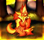  anthro avian beak bird blaziken canine claws clothing couple cute delphox detailed_background duo emeraldarcanine eyes_closed female fennec fire fox fur glowing hair holding interspecies love magic_user male mammal nintendo pok&#233;mon pok&eacute;mon romantic rooster smile straight video_games white_fur 