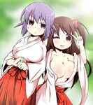  bare_shoulders breasts brown_eyes brown_hair cleavage collarbone colored_eyelashes expressionless fujieda_hiro hakama japanese_clothes kainou_yoshiko kimono large_breasts looking_at_viewer miko mizuhara_hayari multiple_girls open_clothes open_kimono purple_eyes purple_hair red_hakama saki shinto v 