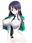  black_hair black_neckwear blue_eyes blush bodysuit breasts covered_nipples curvy dress groin hair_ornament highres impossible_clothes impossible_dress large_breasts long_hair mahouka_koukou_no_rettousei necktie nipples no_bra open_clothes open_shirt see-through shiba_miyuki shirt shumichi simple_background solo standing white_background 