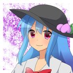  blue_hair bow bowtie collared_shirt food food_on_clothes fruit hat highres hinanawi_tenshi long_hair looking_at_viewer peach red_eyes shirt smile solo torizaki_kuyuri touhou upper_body 
