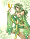  bird boots breasts bridal_gauntlets cape circlet claire_roses cleavage detached_sleeves earrings final_fantasy final_fantasy_iv green_footwear green_hair highres jewelry leaf long_hair medium_breasts open_mouth rydia sitting smile solo thighhighs wide_sleeves 