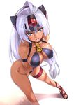  bikini blue_eyes breasts cleavage covering covering_crotch cyborg dark_skin highres hijiri hips large_breasts long_hair parted_lips sandals silver_hair solo swimsuit t-elos xenosaga 
