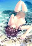  beach breasts brown_hair covering covering_one_breast green_eyes kai_(link2262) large_breasts long_hair lying navel nipples nude on_back original outdoors partially_submerged shadow solo water 
