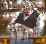  1boy bartender bow bowtie charlie_(gundam_0080) drink glass glasses gundam gundam_0080 indoors male male_focus solo white_hair 