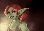  ear_piercing female goblin green_skin hair looking_at_viewer piercing ponytail purple_eyes red_hair sirmeo solo 