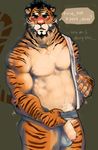  ? anthro balls beard belly biceps black_hair blush chubby dialog embarrassed english_text facial_hair feline hair humanoid_penis male mammal musclegut muscles open_mouth pecs penis pockyrumz presenting pubes solo standing text thick_penis tiger uncut undressing whiskers 