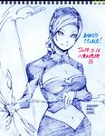  alternate_costume arrow artist_name bow_(weapon) braid breasts cleavage cleavage_cutout dated hat head_tilt large_breasts long_hair looking_at_viewer midriff monochrome savan sketch smile solo touhou weapon yagokoro_eirin 
