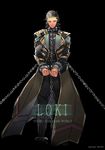  armor bad_id bad_pixiv_id black_background black_hair boots chain character_name cloak cuffs full_body hh_(hhsis2) loki_(marvel) long_sleeves male_focus marvel shackles simple_background smile solo 