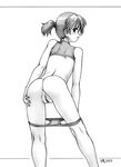  anus ass bare_shoulders bottomless censored from_behind graphite_(medium) greyscale harumachi_nagaaki looking_at_viewer looking_back monochrome open_mouth original panties panty_pull ponytail pussy simple_background solo standing traditional_media underwear 