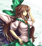  breasts brown_hair cape colored_eyelashes feathered_wings frills from_side green_ribbon green_skirt hair_ribbon hand_on_forehead hand_on_hip impossible_clothes large_breasts long_hair looking_away profile reiuji_utsuho ribbon skirt skirt_set solo_focus third_eye touhou umigarasu_(kitsune1963) very_long_hair wavy_hair wings 